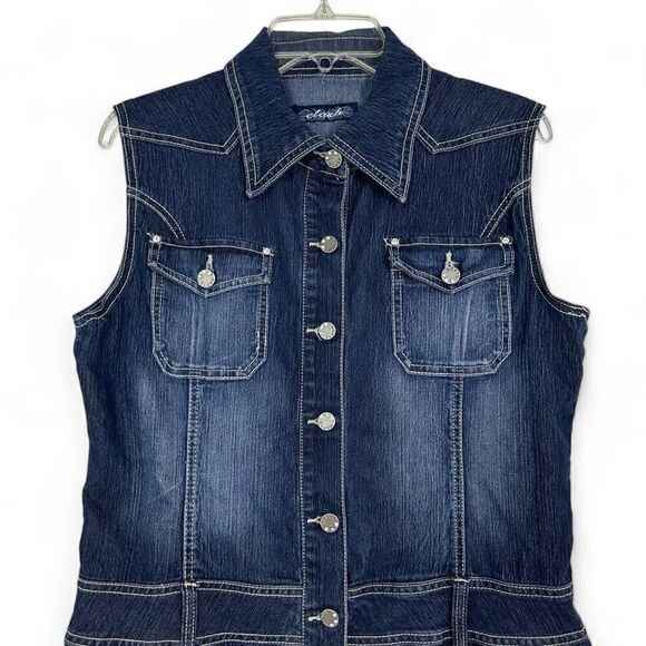 Y2K Clash Embellished Denim Dress Large Wings Cross Punk Goth Cowgirl Western - Picture 2 of 12